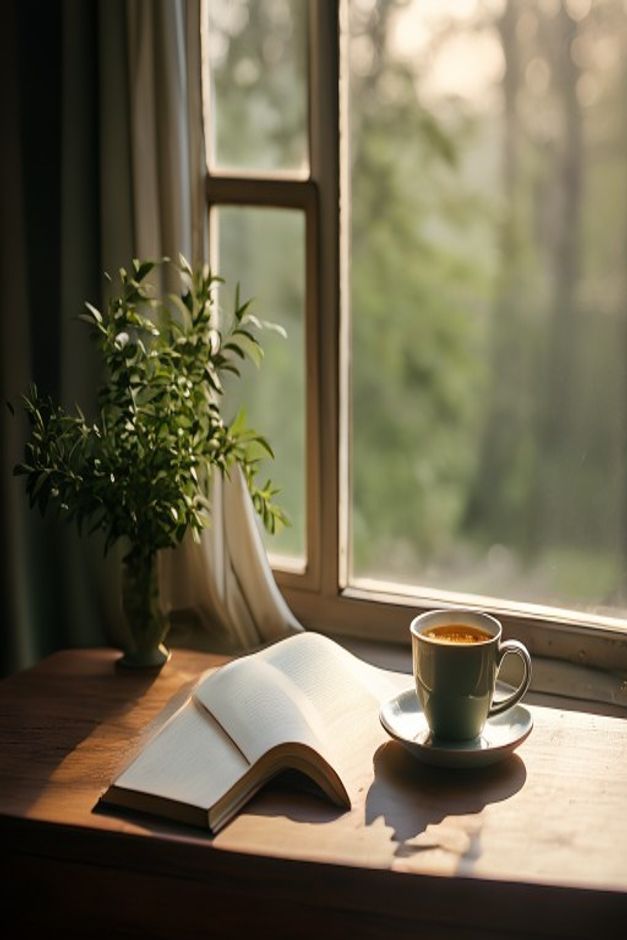 Serene morning light through a window with a journal and tea