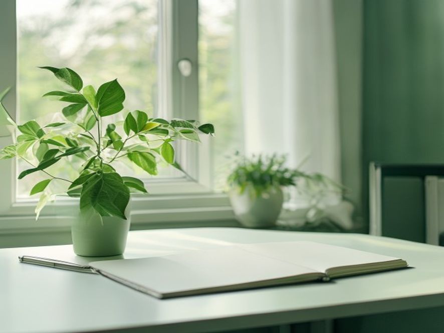 A bright office desk with a plant and open window, no people, calm environment
