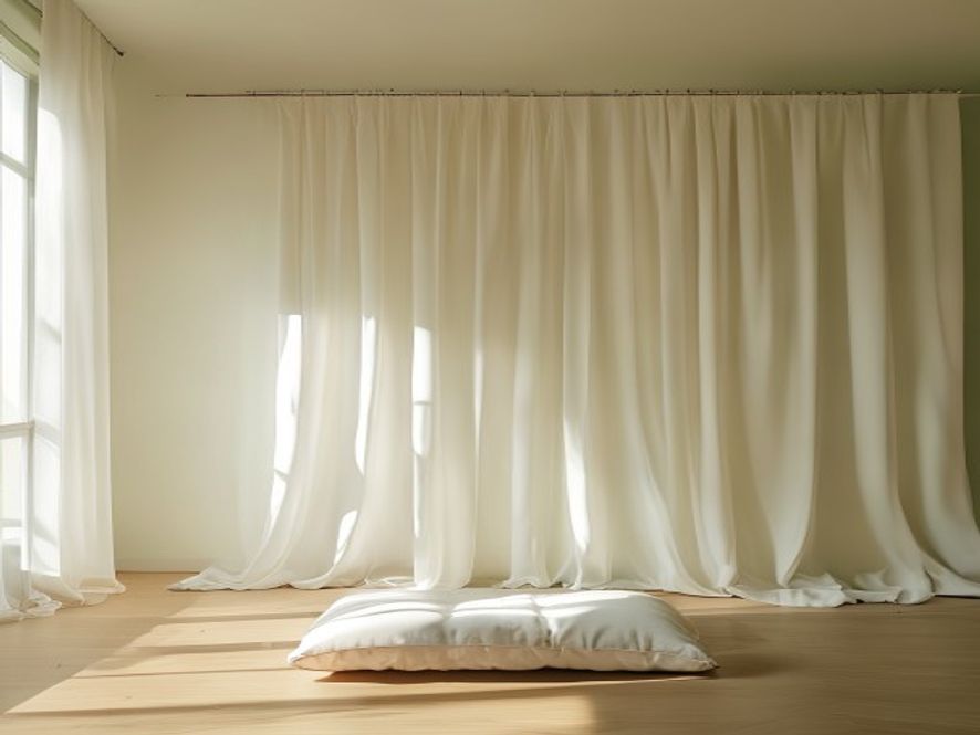 Warm sunlight entering a minimalist bedroom window, empty meditation cushion visible